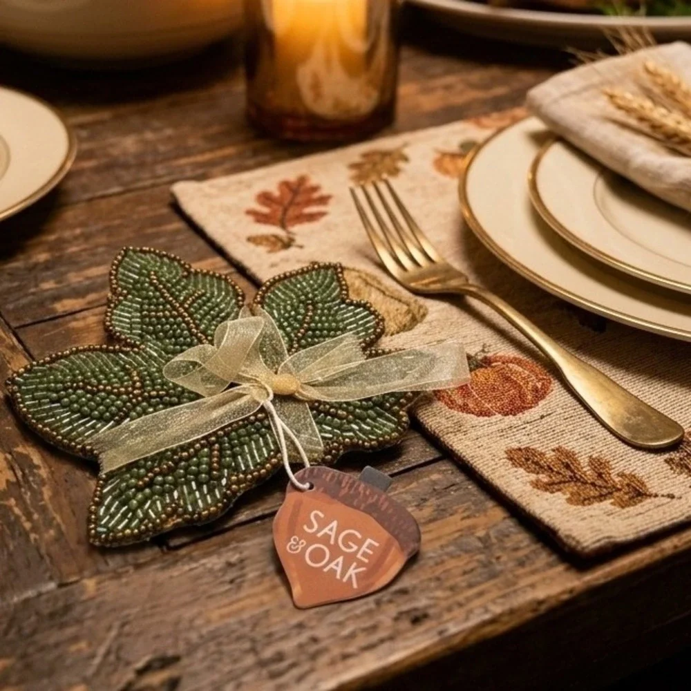 Sage‎ & Oak Beaded Leaf Coasters Set of 4 Green Gold Autumn Fall Harvest Decor